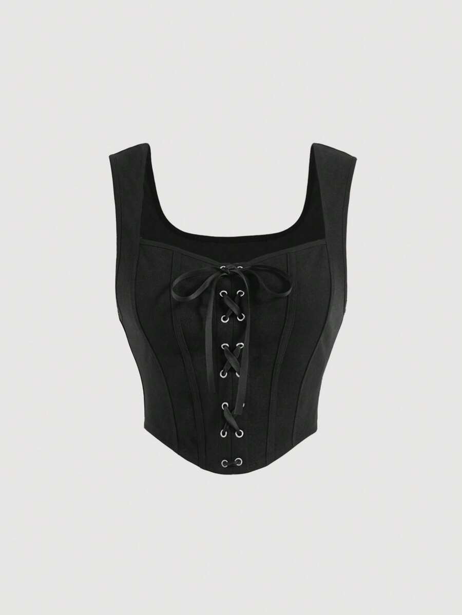 SHEIN MOD Lace Up Front Tank Top Without Blouse Corset Top - Black - View 1