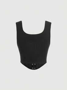 SHEIN MOD Lace Up Front Tank Top Without Blouse Corset Top - Black - View 2