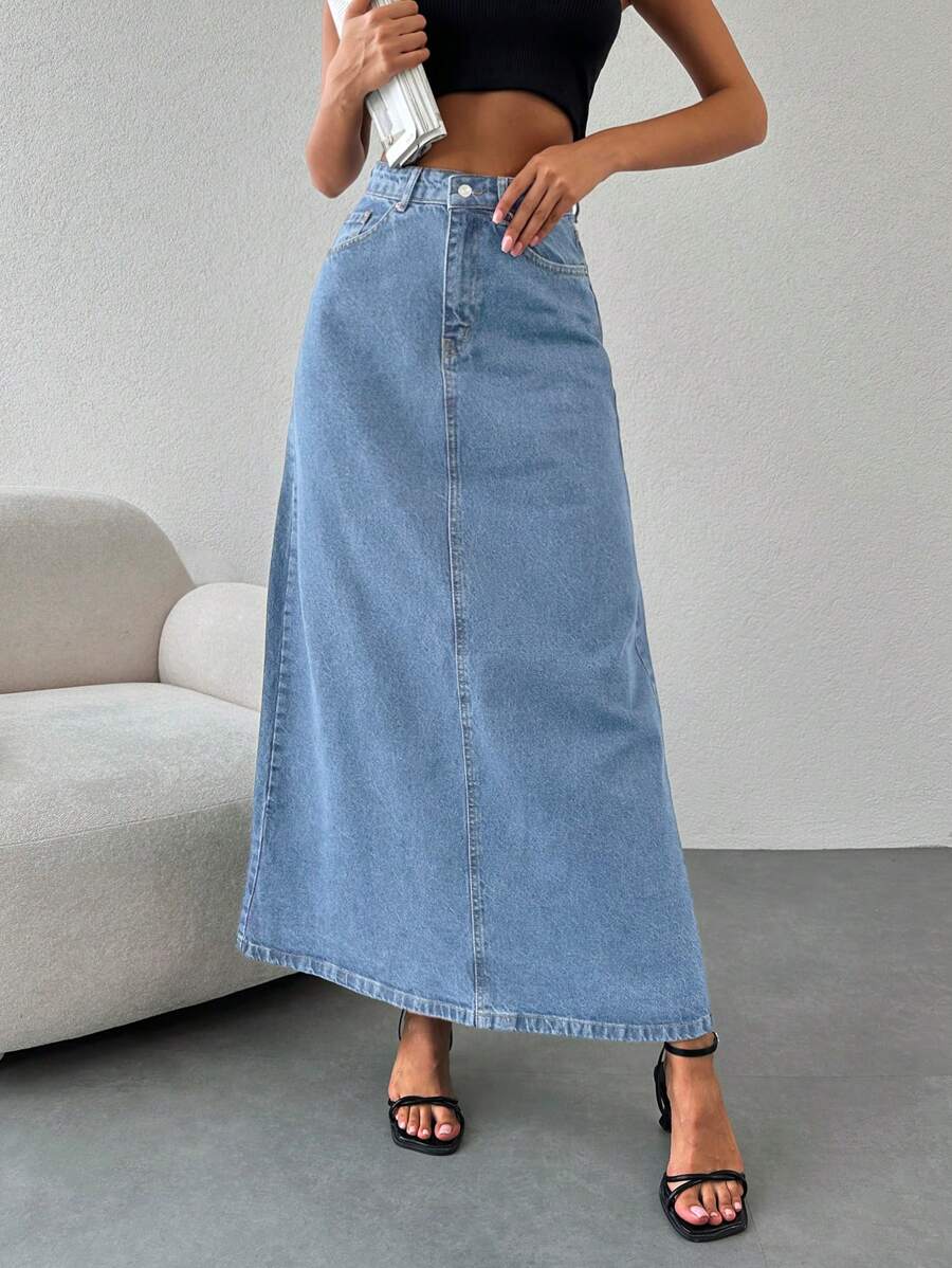 EURMUSE High Waist Denim Skirt - Light Wash - View 1