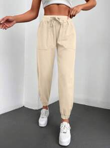 Cottnline Eo dây rút Túi nghiêng Quần Jeans Jogger - Màu be - Xem 5