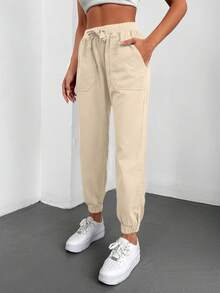 Cottnline Eo dây rút Túi nghiêng Quần Jeans Jogger - Màu be - Xem 3