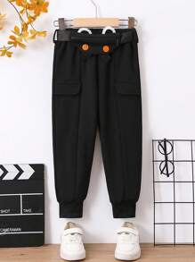 Young Boy Flap Detail Belted Sweatpants - Black - View 1