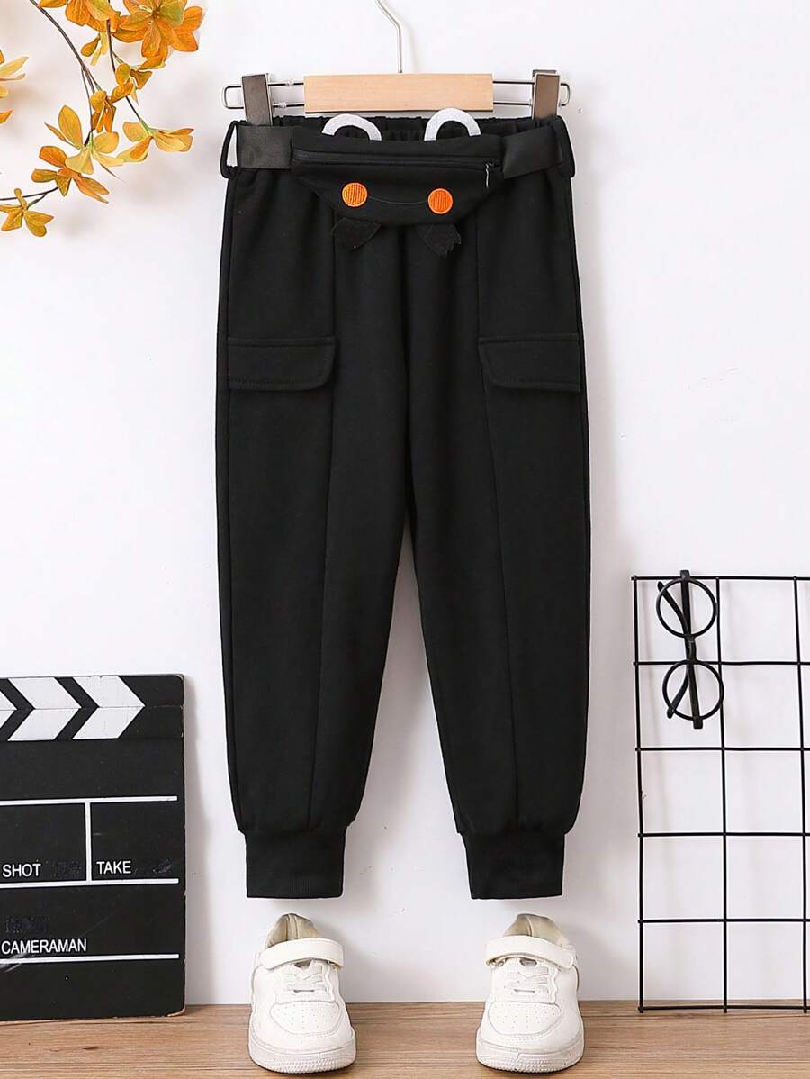 Young Boy Flap Detail Belted Sweatpants - Black - View 1