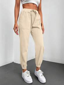 Cottnline Eo dây rút Túi nghiêng Quần Jeans Jogger - Màu be - Xem 4