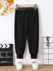 Young Boy Flap Detail Belted Sweatpants - Black - View 2