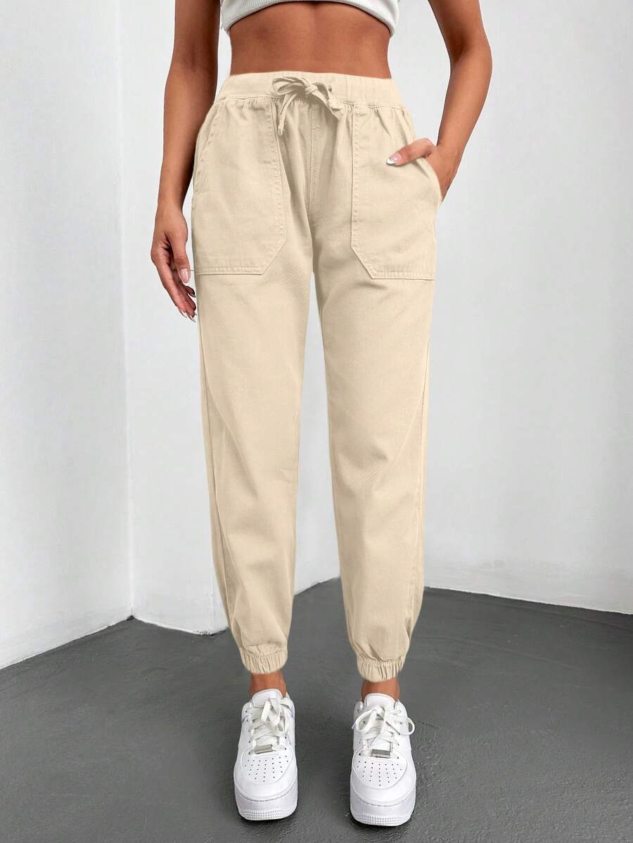 Cottnline Eo dây rút Túi nghiêng Quần Jeans Jogger - Màu be - Xem 1
