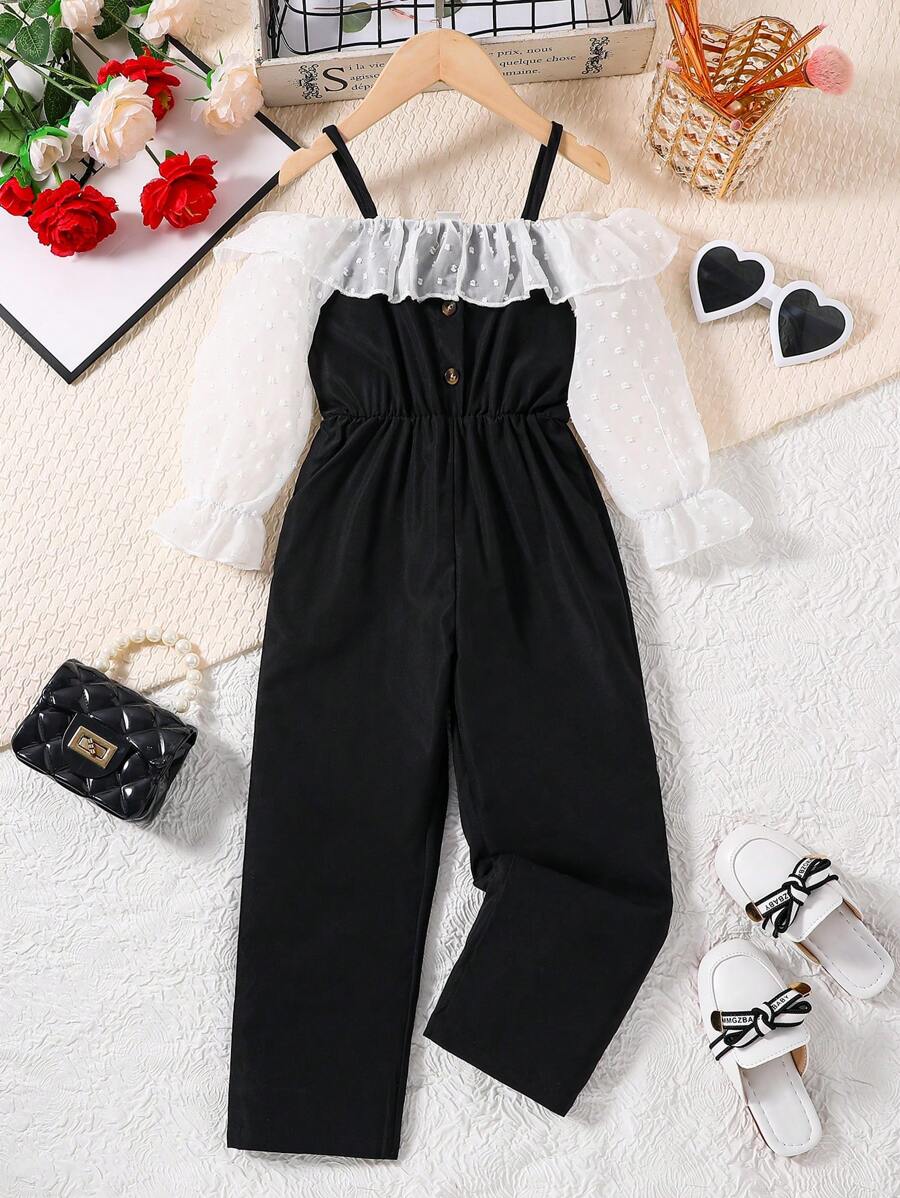 SHEIN Young Girl Cold Shoulder Ruffle Trim Flounce Sleeve Jumpsuit - Black and White - View 1