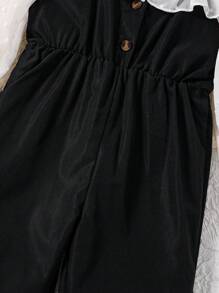 SHEIN Young Girl Cold Shoulder Ruffle Trim Flounce Sleeve Jumpsuit - Black and White - View 3