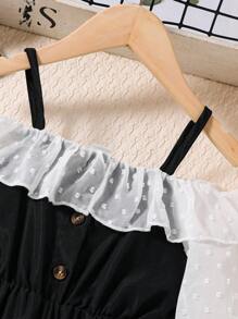 SHEIN Young Girl Cold Shoulder Ruffle Trim Flounce Sleeve Jumpsuit - Black and White - View 5