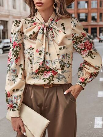 Editum Floral Print Tie Neck Puff Sleeve Blouse