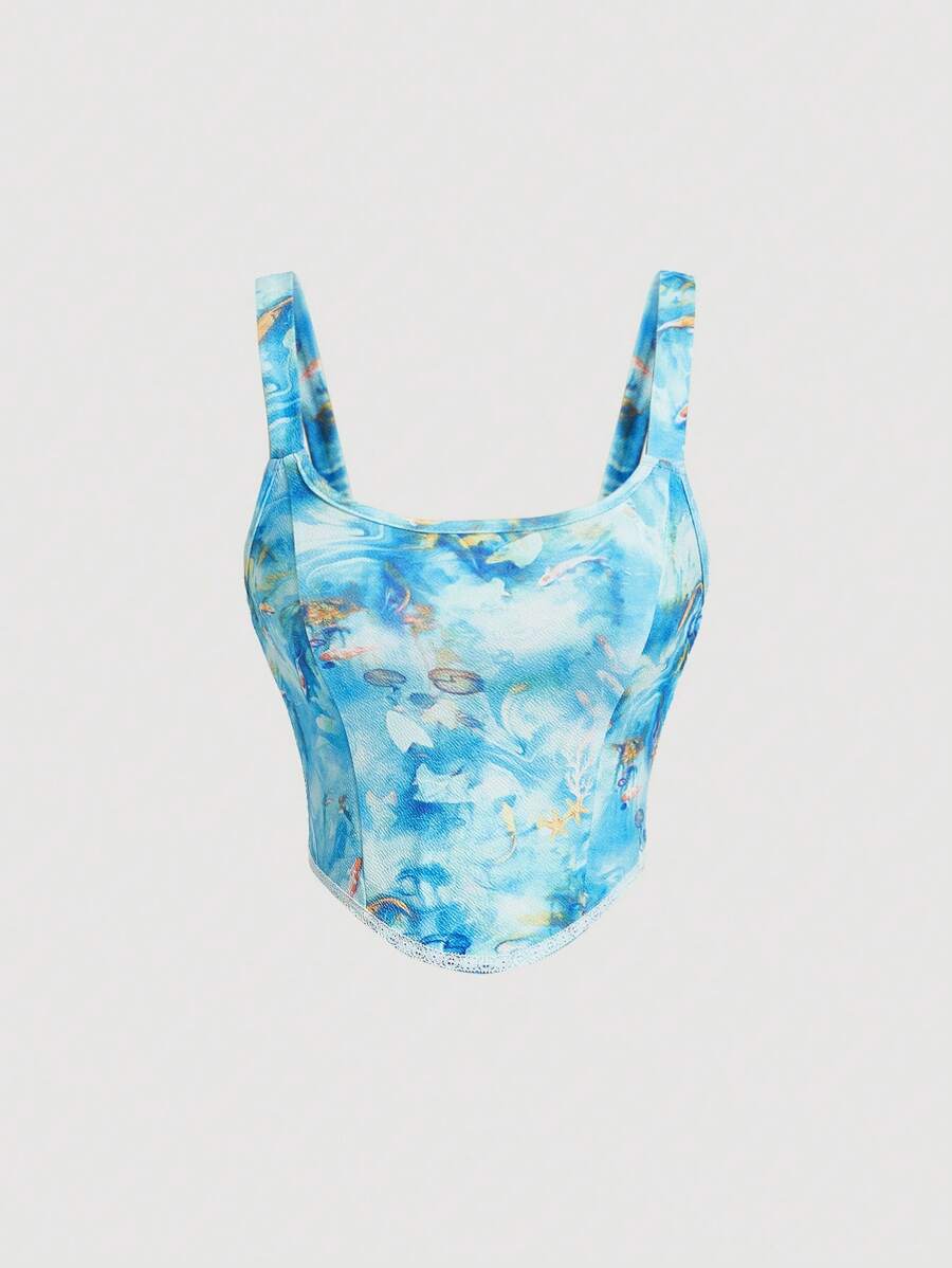 SHEIN X Doris Jocelyn SHEIN MOD 紮染弧形下擺寬肩帶上衣 - 彩色 - 查看 1