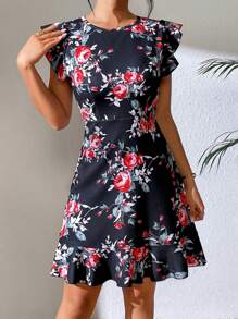 SHEIN VCAY Vestido con estampado floral ribete con fruncido bajo con fruncido - Negro - Ver 3