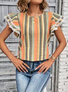 SHEIN LUNE 條紋印花鏤空蕾絲花邊蝴蝶袖襯衫 - 彩色 - 查看 4