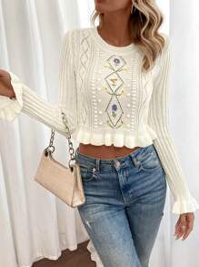 SHEIN LUNE Geborduurde bloemen Flounce mouw Rucheszoom Croptrui