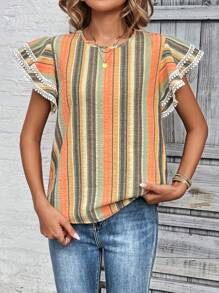 SHEIN LUNE 條紋印花鏤空蕾絲花邊蝴蝶袖襯衫 - 彩色 - 查看 6