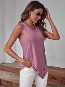 SHEIN LUNE Button Detail Asymmetrical Hem Tank Top - Purple - View 3