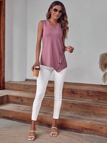 SHEIN LUNE Button Detail Asymmetrical Hem Tank Top - Purple - View 5