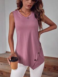 SHEIN LUNE Button Detail Asymmetrical Hem Tank Top - Purple - View 6