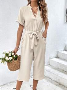 SHEIN VCAY Solid Belted Shirt Jumpsuit