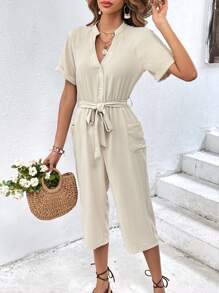SHEIN VCAY Solid Belted Shirt Jumpsuit