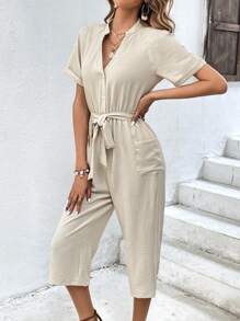SHEIN VCAY Solid Belted Shirt Jumpsuit