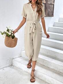 SHEIN VCAY Solid Belted Shirt Jumpsuit