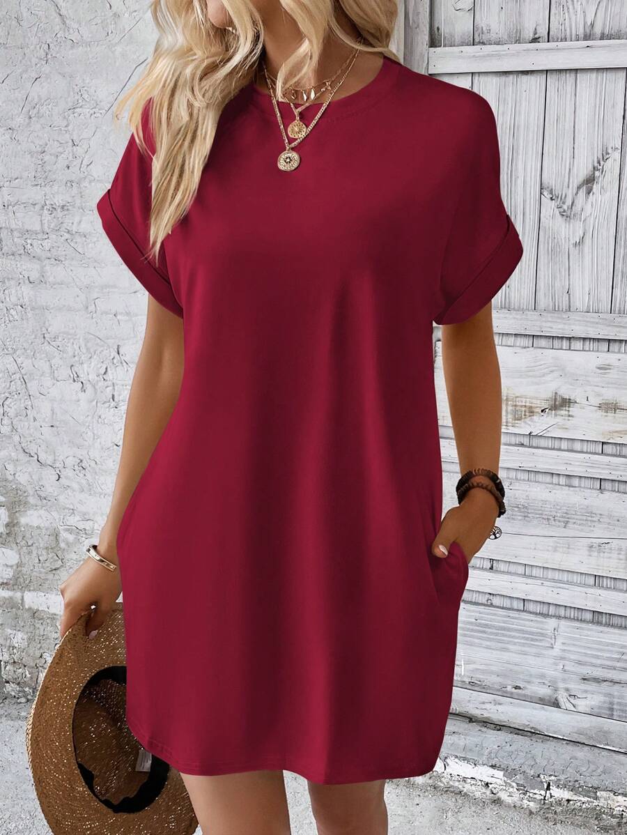 INAWLY Solid Batwing Sleeve Hidden Pocket Dress - Burgundy - View 1