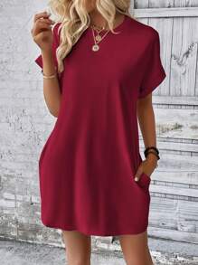 INAWLY Solid Batwing Sleeve Hidden Pocket Dress - Burgundy - View 3