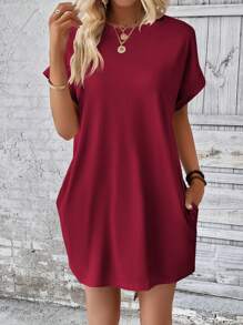 INAWLY Solid Batwing Sleeve Hidden Pocket Dress - Burgundy - View 4