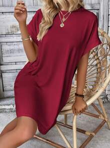 INAWLY Solid Batwing Sleeve Hidden Pocket Dress - Burgundy - View 5