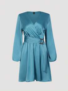 SHEIN LUNE 燈籠袖帶扣細節圍裹緞面連衣裙 - 藍色 - 查看 1