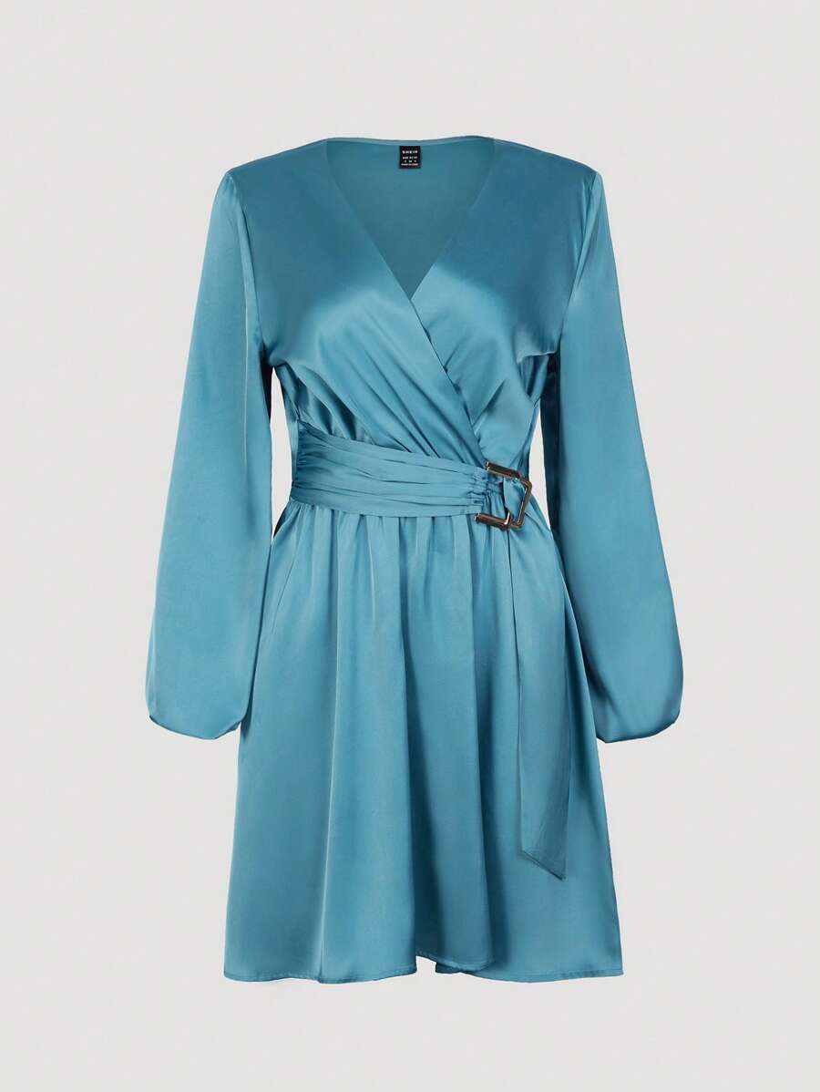 SHEIN LUNE 燈籠袖帶扣細節圍裹緞面連衣裙 - 藍色 - 查看 1