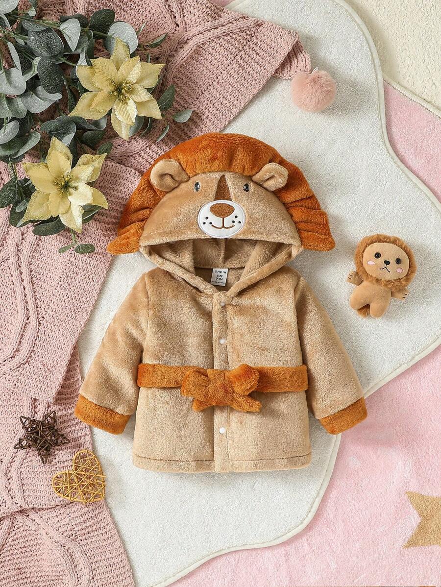 Baby Boys Cartoon Embroidery 3D Ear Design Hooded Fleece Coat