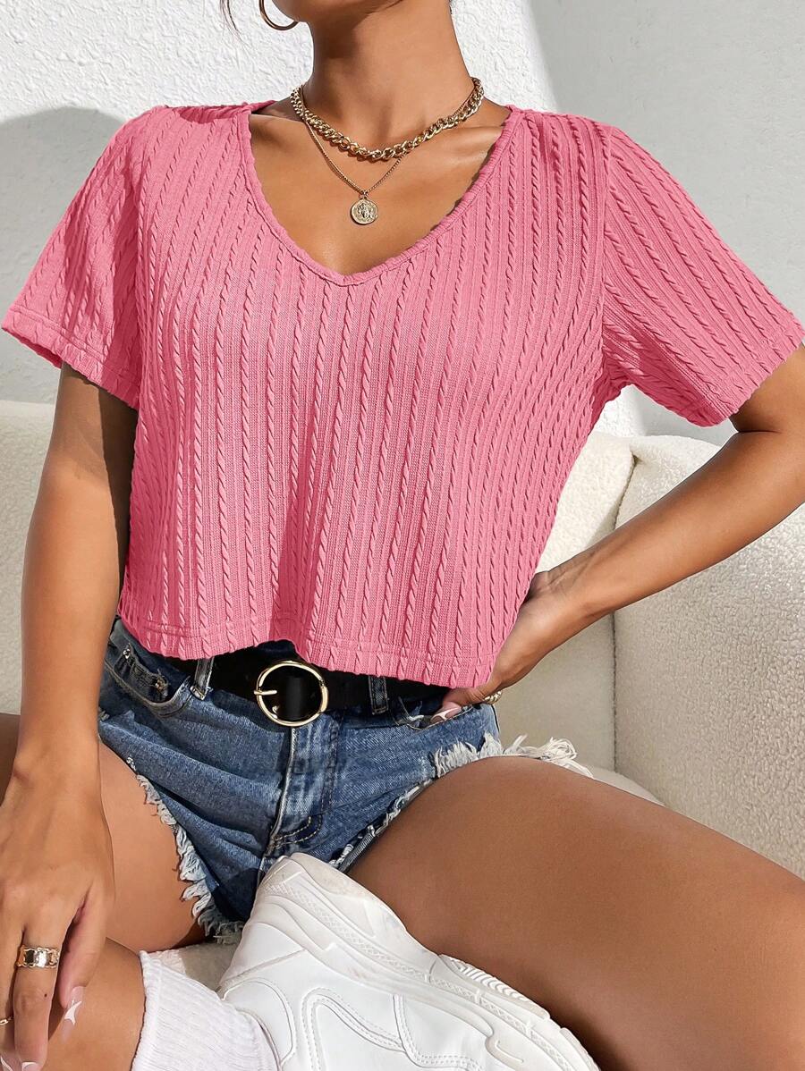 SHEIN Essnce Chất rắn Cổ v Áo thun - Hồng - Xem 1