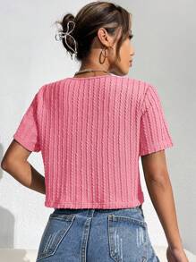 SHEIN Essnce Chất rắn Cổ v Áo thun - Hồng - Xem 2