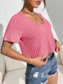 SHEIN Essnce Chất rắn Cổ v Áo thun - Hồng - Xem 6