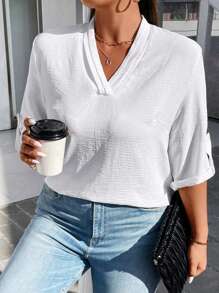 Calvaya Plus Solid Roll Up Sleeve Blouse - White - View 1