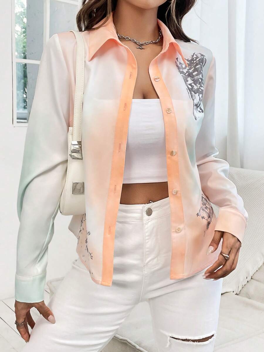 SHEIN LUNE Ombre Button Front Shirt - Multicolor - View 1
