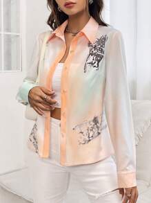 SHEIN LUNE Ombre Button Front Shirt - Multicolor - View 3