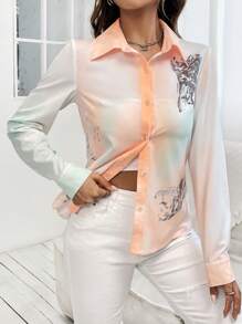 SHEIN LUNE Ombre Button Front Shirt - Multicolor - View 5