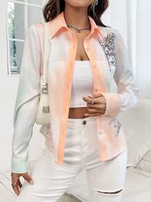 SHEIN LUNE Ombre Button Front Shirt - Multicolor - View 6