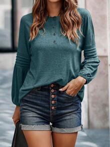 SHEIN LUNE 素色燈籠袖T恤 - 墨綠色 - 查看 1