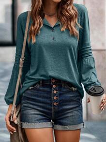 SHEIN LUNE 素色燈籠袖T恤 - 墨綠色 - 查看 3