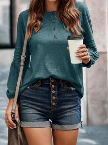 SHEIN LUNE 素色燈籠袖T恤 - 墨綠色 - 查看 5