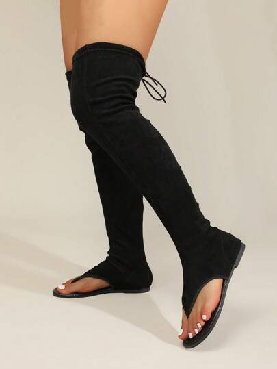 Fall/Winter 2025 Spring/Summer New Women Sexy Hollow-Out Faux Suede Material Open-Toe Knee-High Flat Sandals Boots For Party