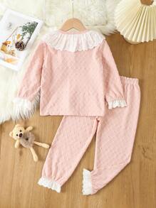 Young Girl Ruffle Trim Flounce Sleeve Button Front Top & Trousers PJ Set - Pink - View 2