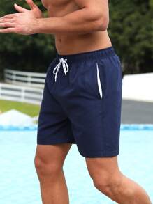 ZELFYO Men Solid Drawstring Waist Swim Trunks - Navy Blue - View 3