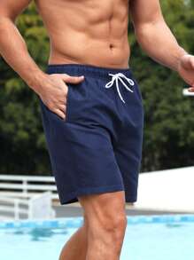ZELFYO Men Solid Drawstring Waist Swim Trunks - Navy Blue - View 4