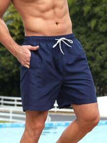 ZELFYO Men Solid Drawstring Waist Swim Trunks - Navy Blue - View 5