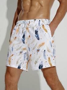 Surfspeed Men Feather Print Drawstring Waist Swim Trunks - Multicolor - View 1
